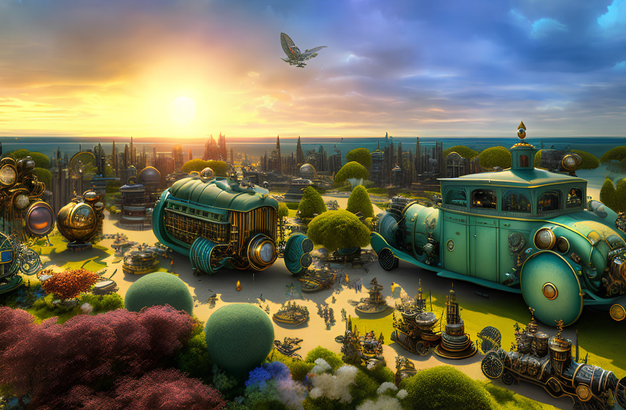 Fantastical landscape with ornate buildings and airship in sunset sky