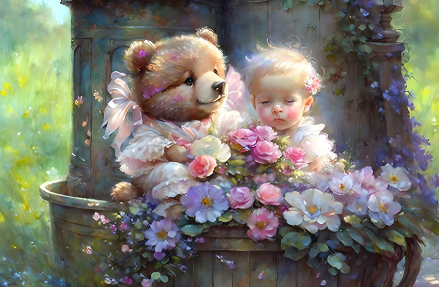 Sleeping baby and teddy bear with flowers in wooden bucket on nature backdrop