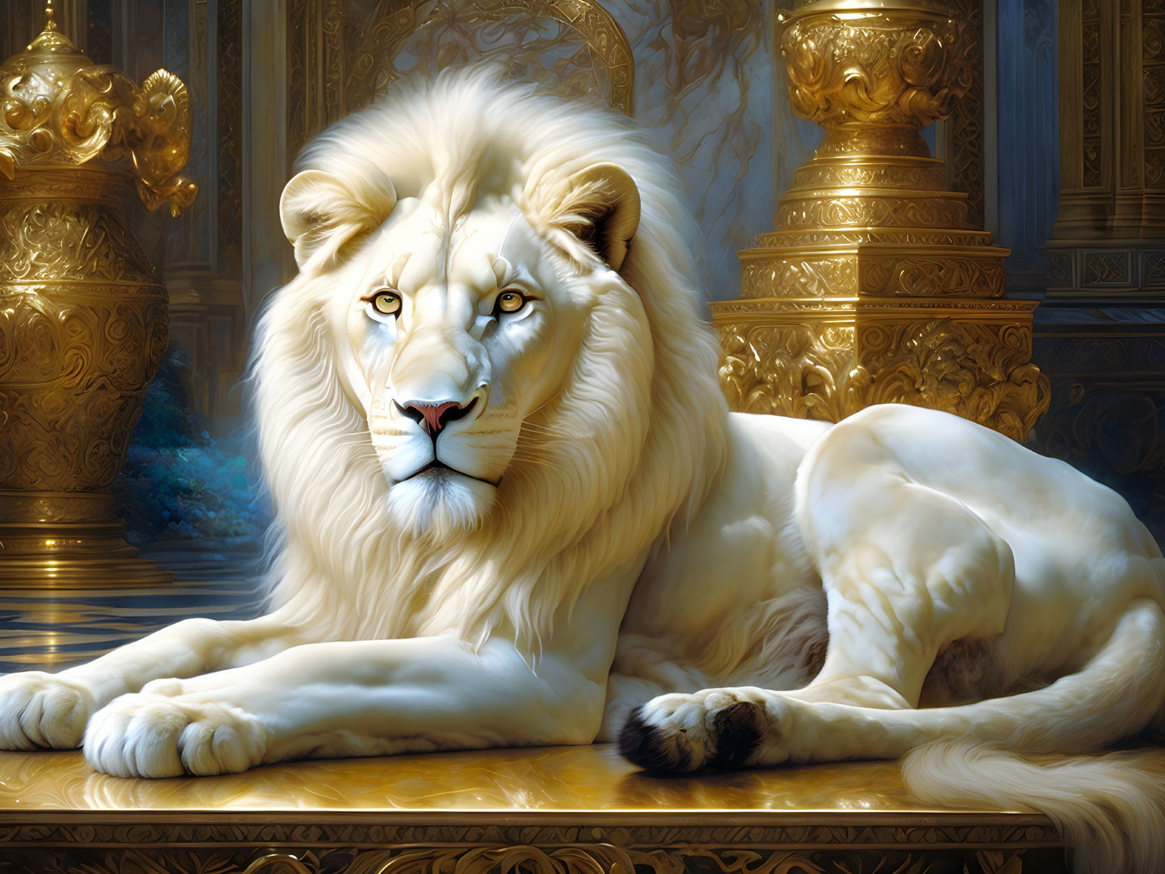 Majestic White Lion in Luxurious Golden Setting