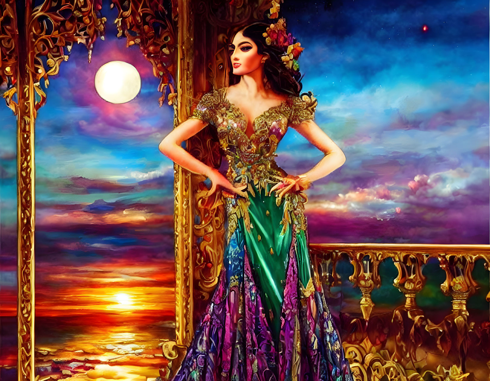 Illustrated woman in green and purple dress on balcony at sunset with full moon.