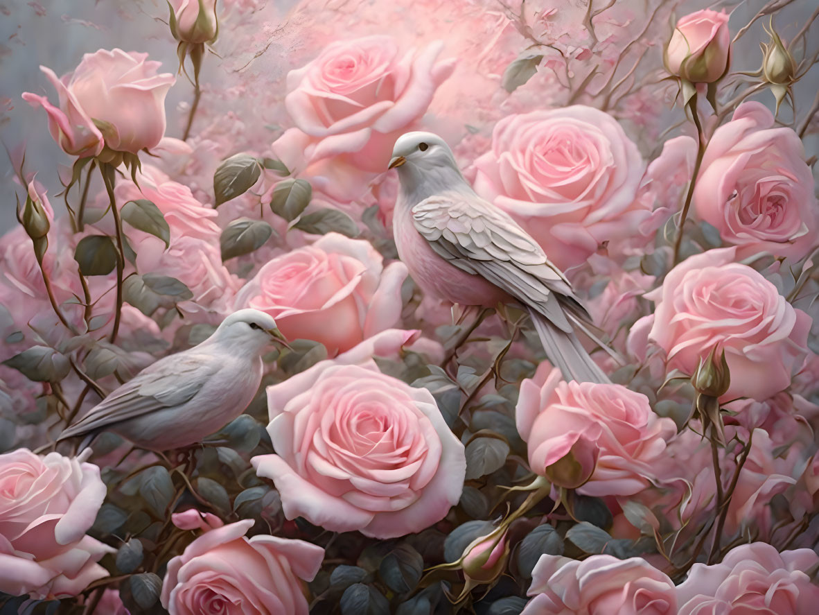 White doves and pink roses in misty background