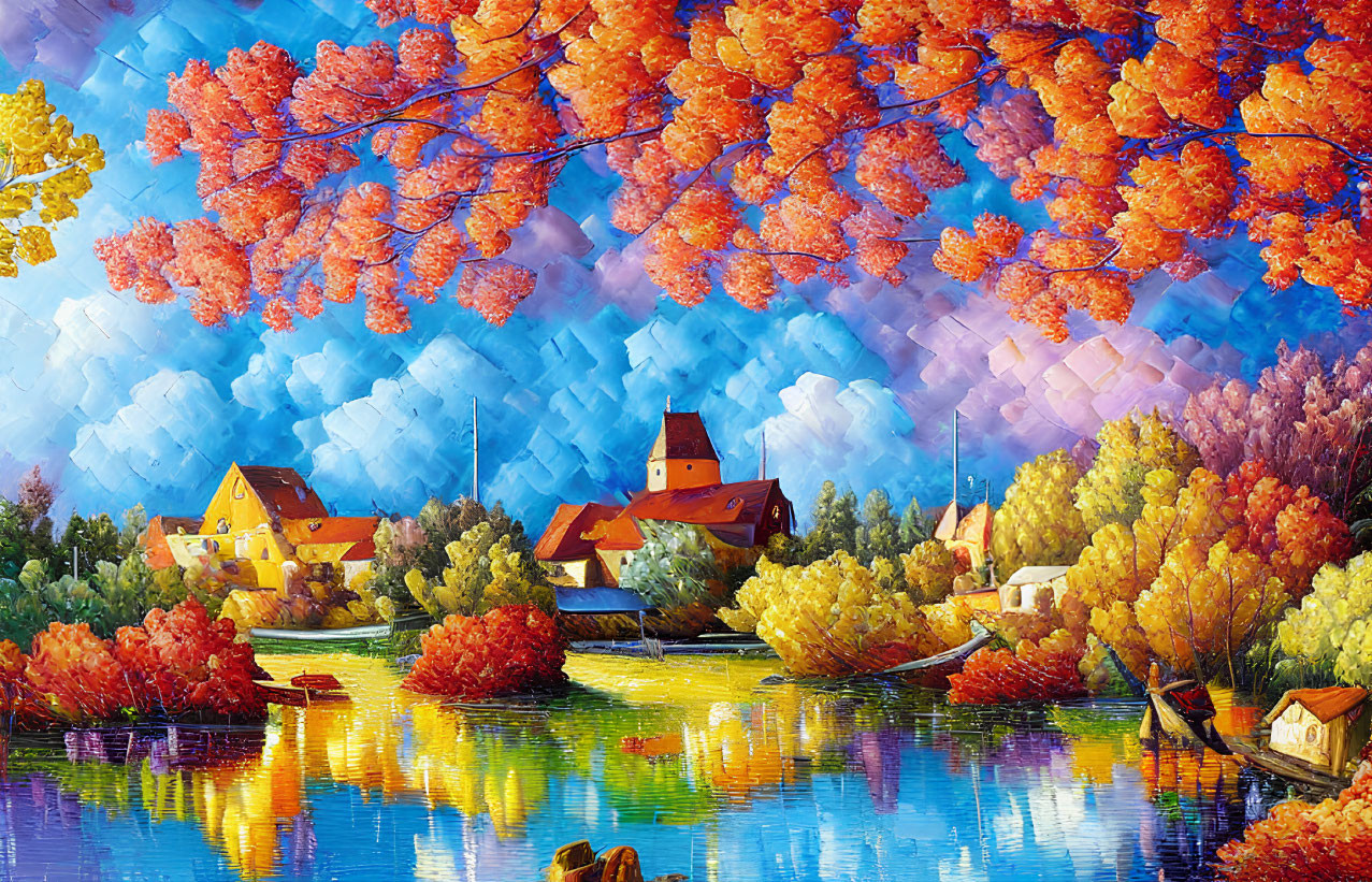 Colorful Autumn Village Painting with River and Textured Brush Strokes