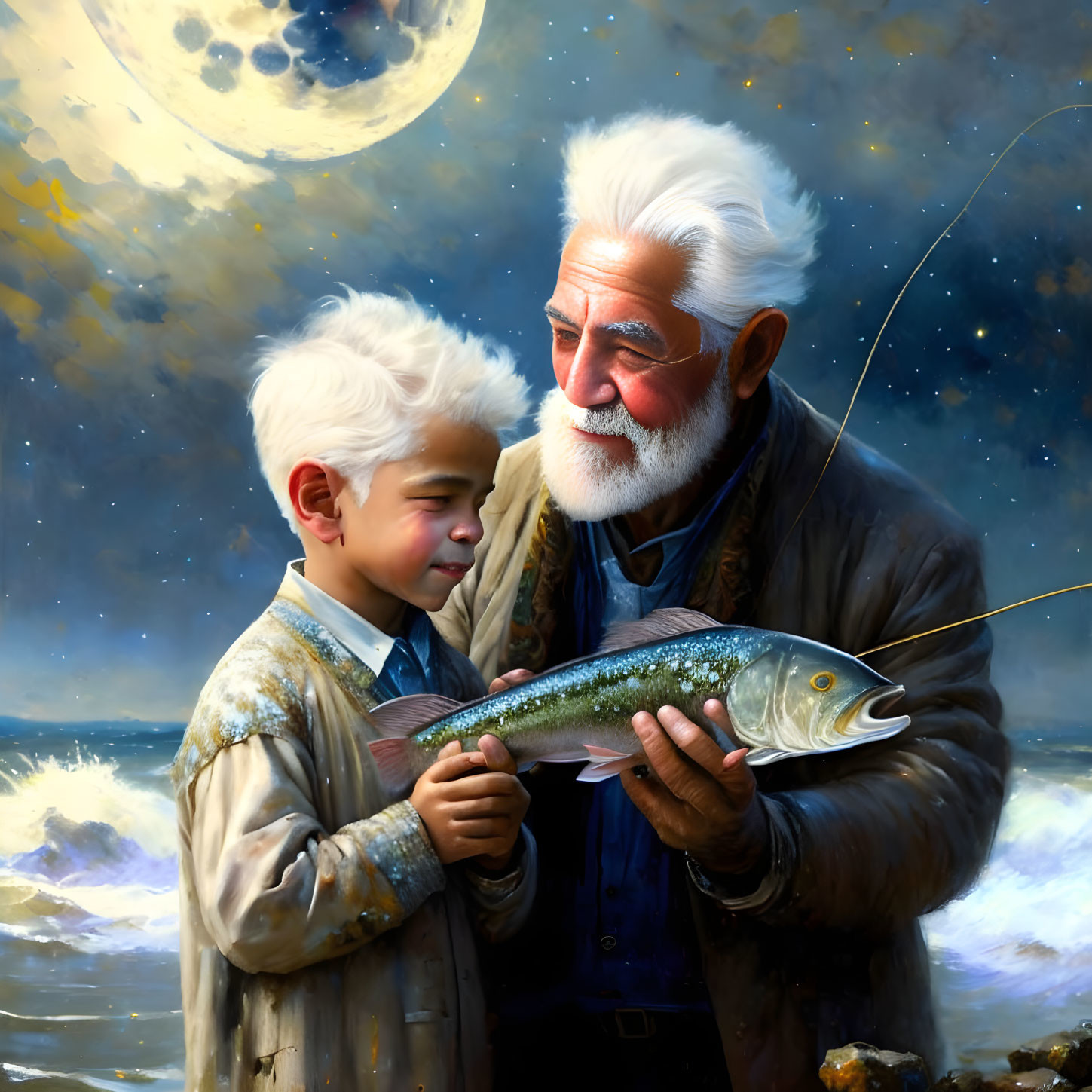 Elderly man and young boy smiling with fish against celestial backdrop