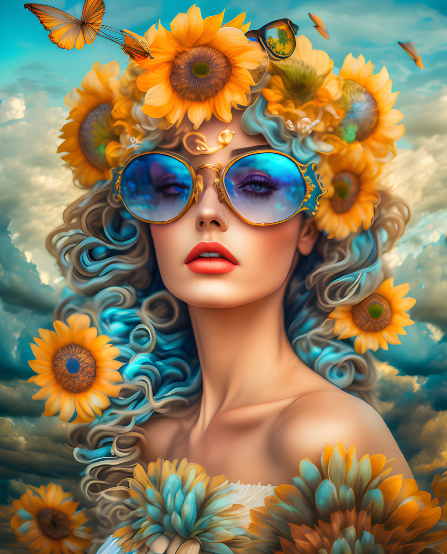 Illustrated woman with sky-reflecting sunglasses, sunflowers, butterflies, and blue clouds.