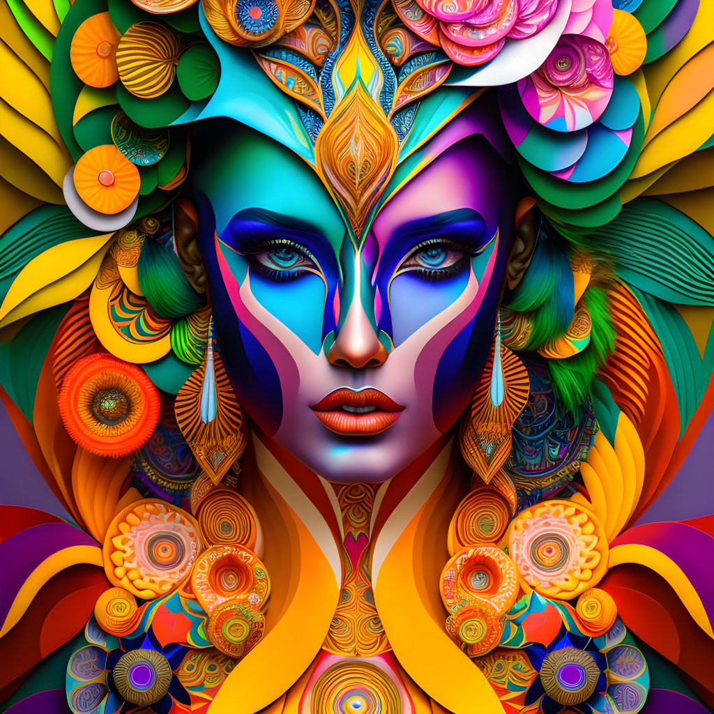 Vibrant digital artwork of stylized woman's face with intricate patterns