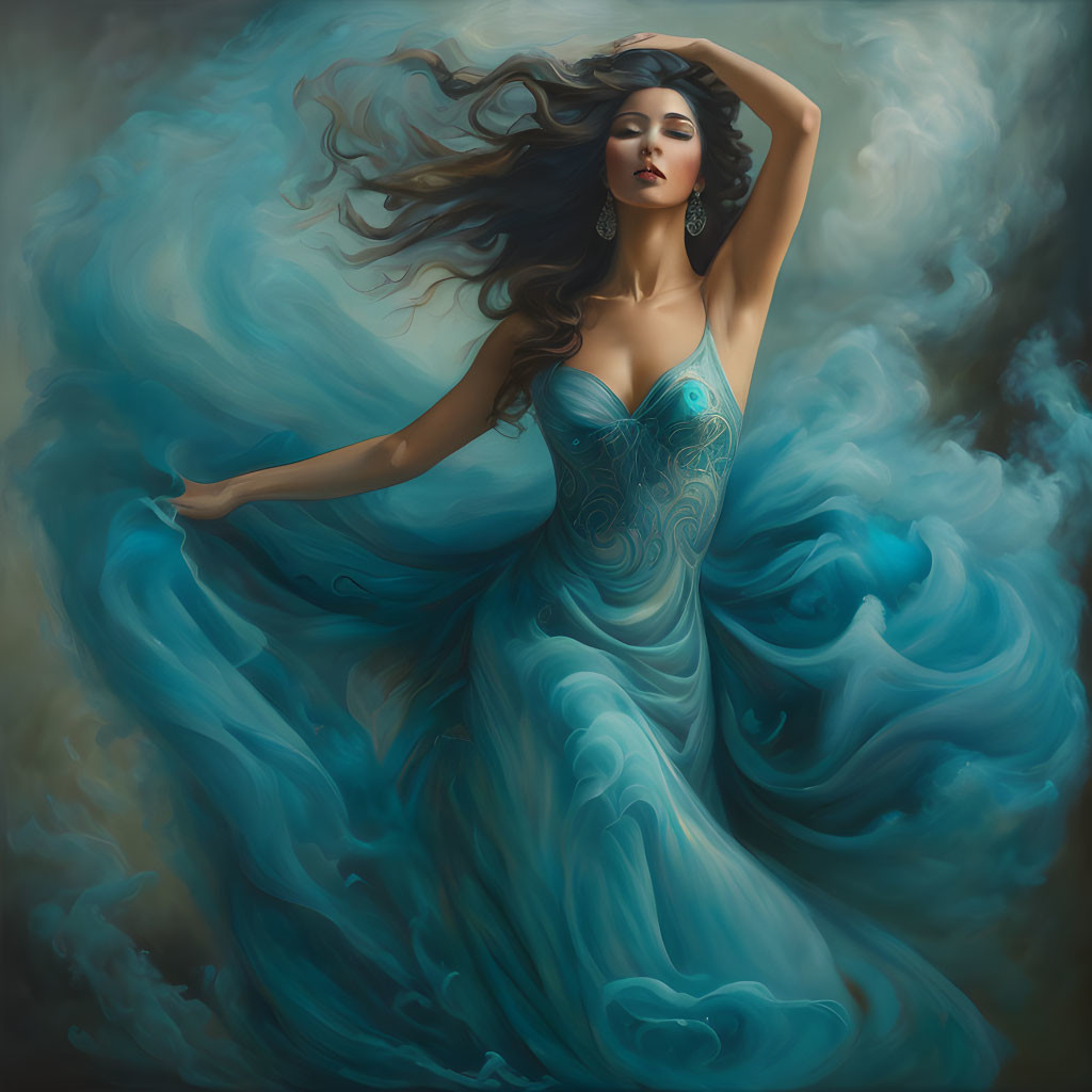 Woman in blue dress with flowing hair among wispy clouds.