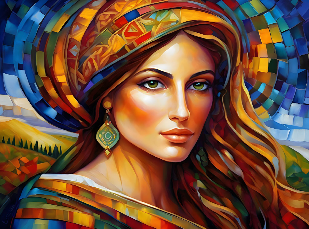 Colorful Geometric Painting of Woman with Headscarf and Earring