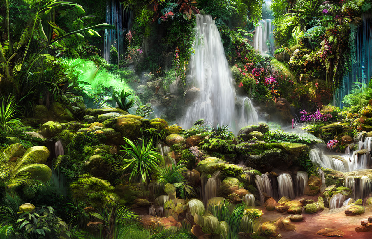 Multiple cascading waterfalls in lush greenery with vibrant flowers and moss-covered rocks.