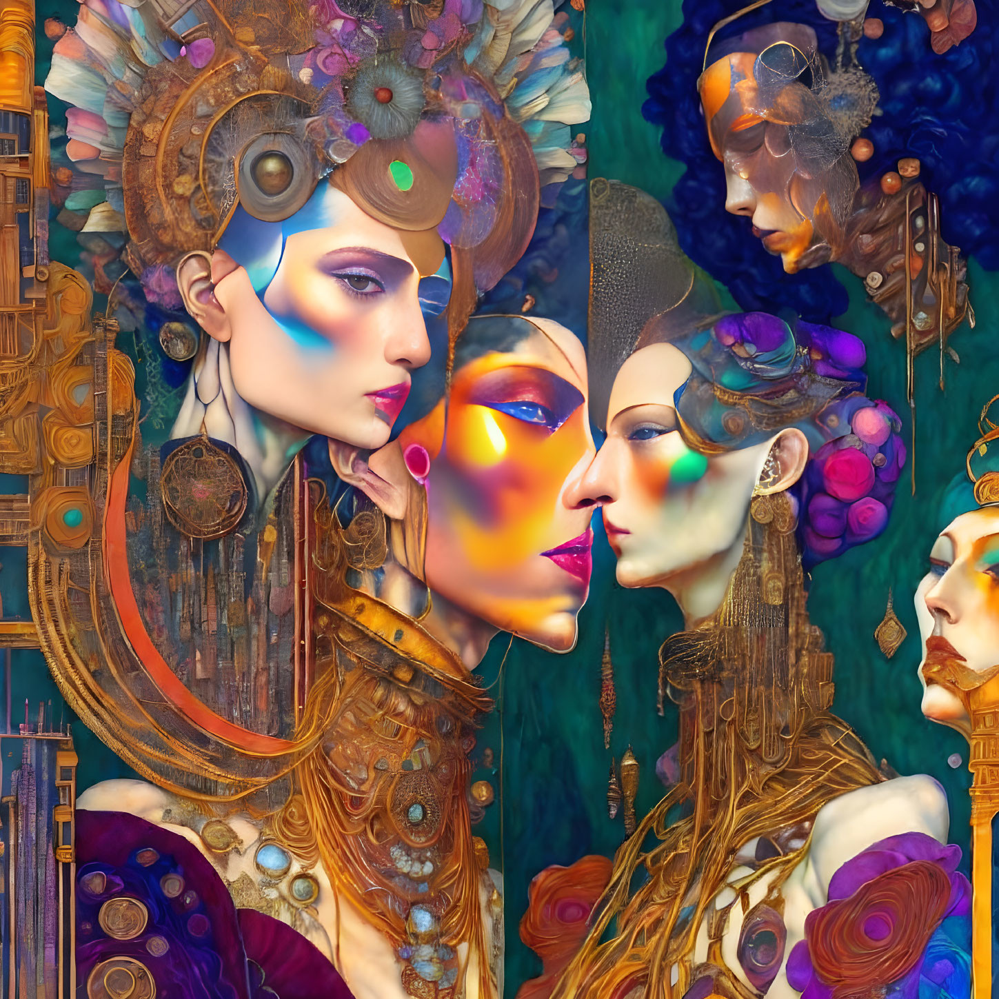 Vibrant digital artwork: Four stylized female faces with elaborate headpieces, mystical and futuristic.