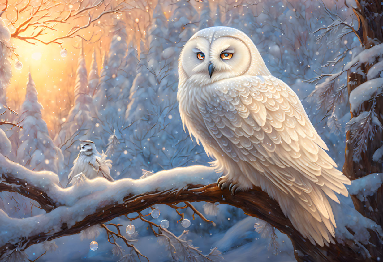 Snowy owl perched on snowy forest branch with sunlight and another bird