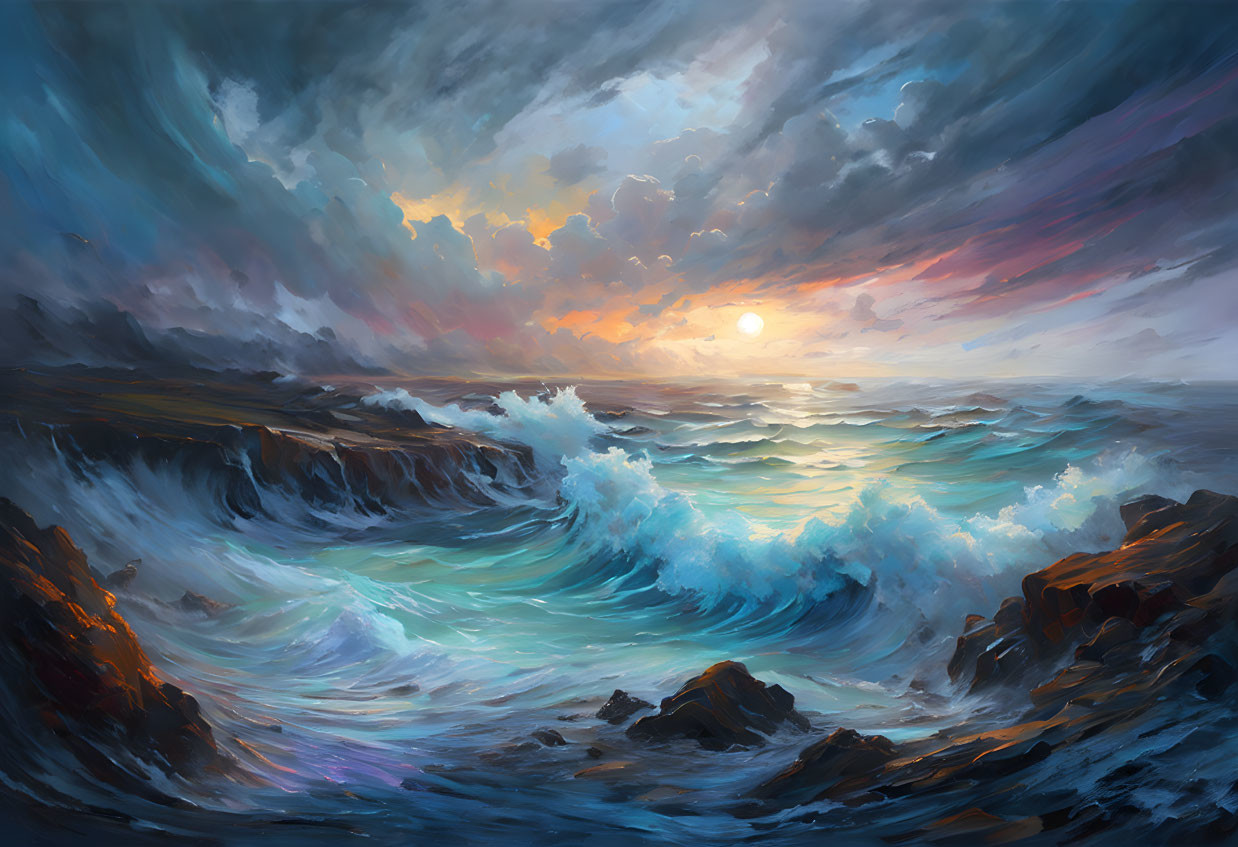 Dramatic seascape painting with turbulent waves and sunset sky