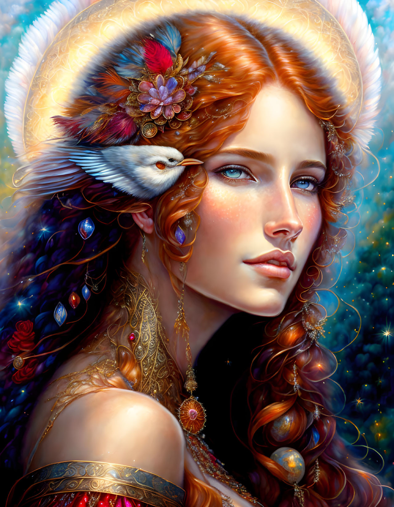 Fantasy portrait of red-haired woman with ornate bird headdress