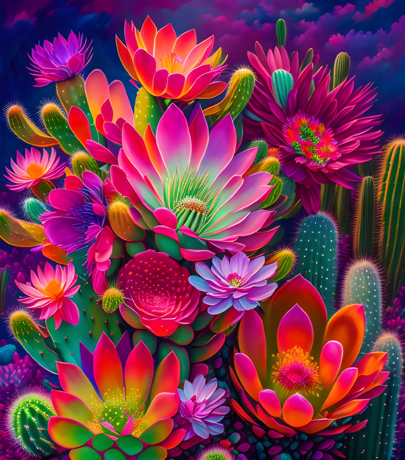 Colorful digital artwork of blooming cacti and succulents on dark background