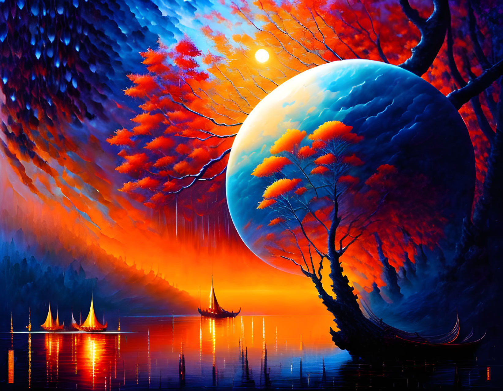 Surreal digital artwork: oversized moon, fiery trees, reflective lake, sailing boats