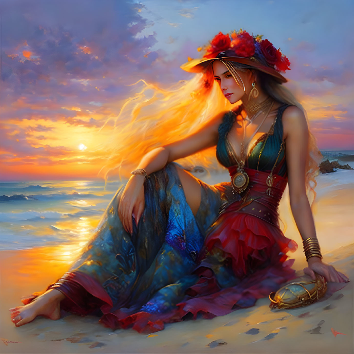 Woman in Vibrant Dress and Flower Hat Contemplating on Beach at Sunset