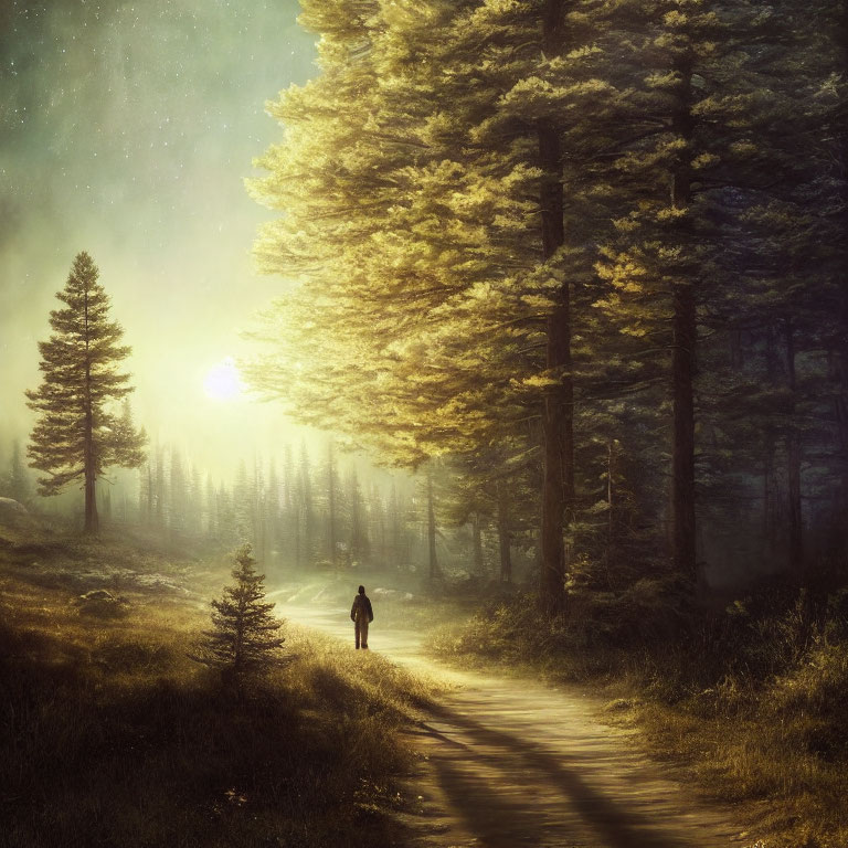 Person walking on forest path under towering trees with sunlight rays piercing misty air