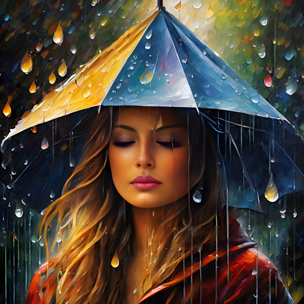 Woman standing under colorful umbrella with closed eyes in rainstorm