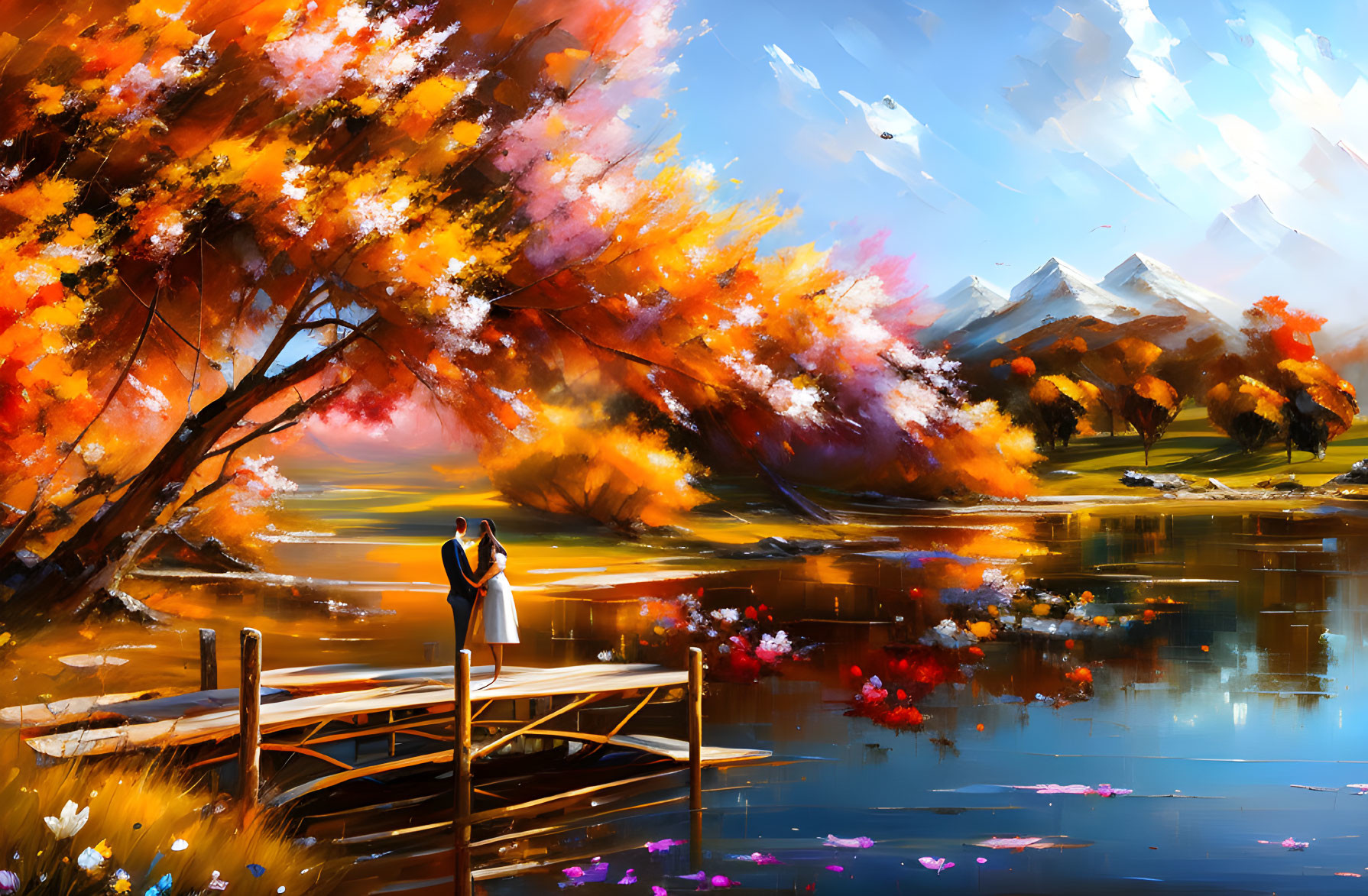 Couple Embracing on Dock in Vibrant Autumn Scene