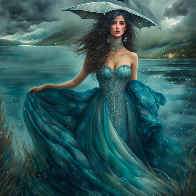 Digital art portrait of woman with dark umbrella in blue gown under stormy sky