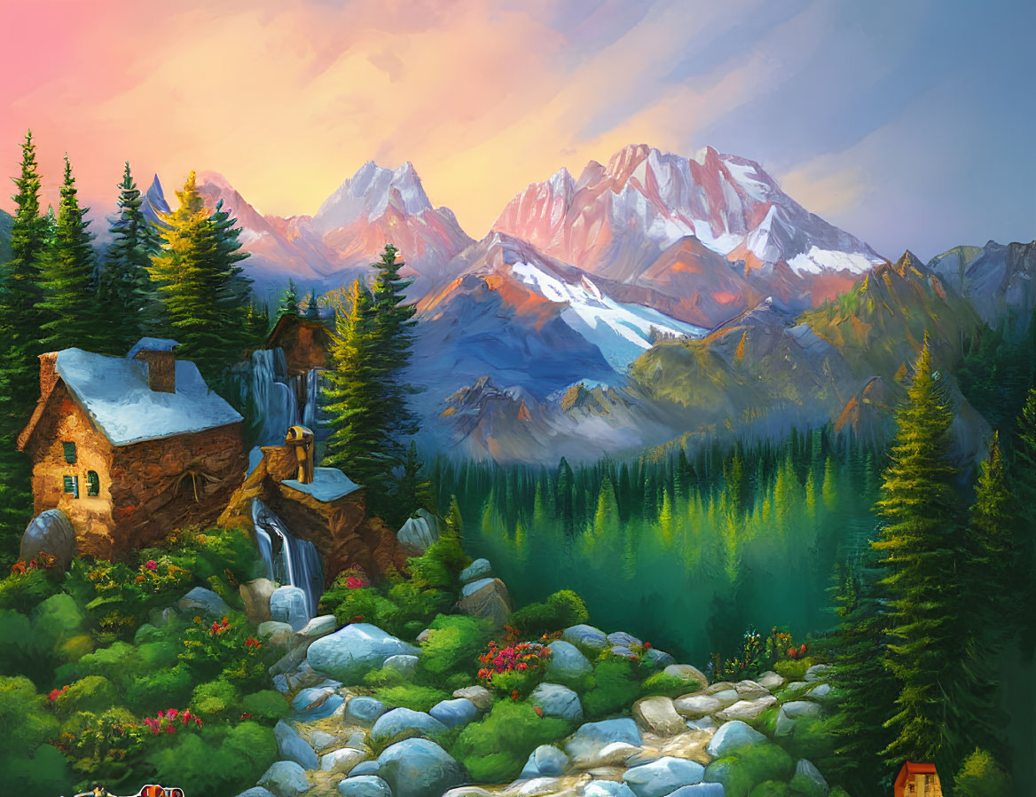 Scenic landscape painting: stone cottage, waterfall, pine forests, mountains at sunset