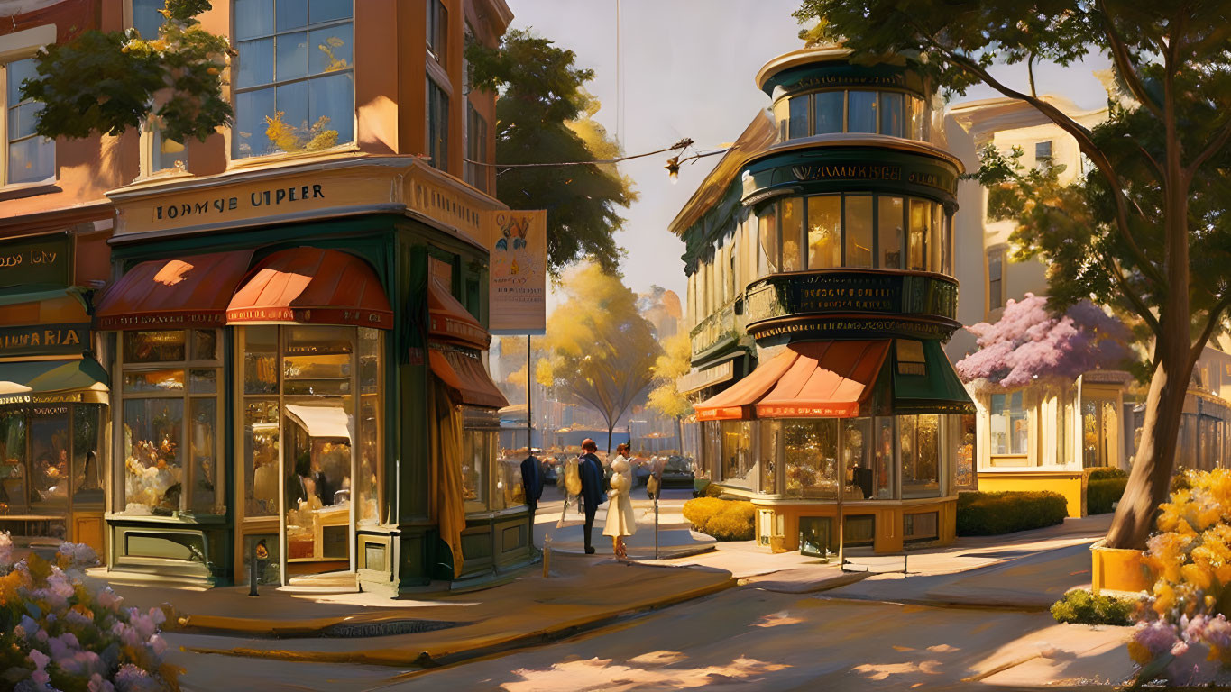 Tranquil street corner with charming shops and pedestrians under sunlight