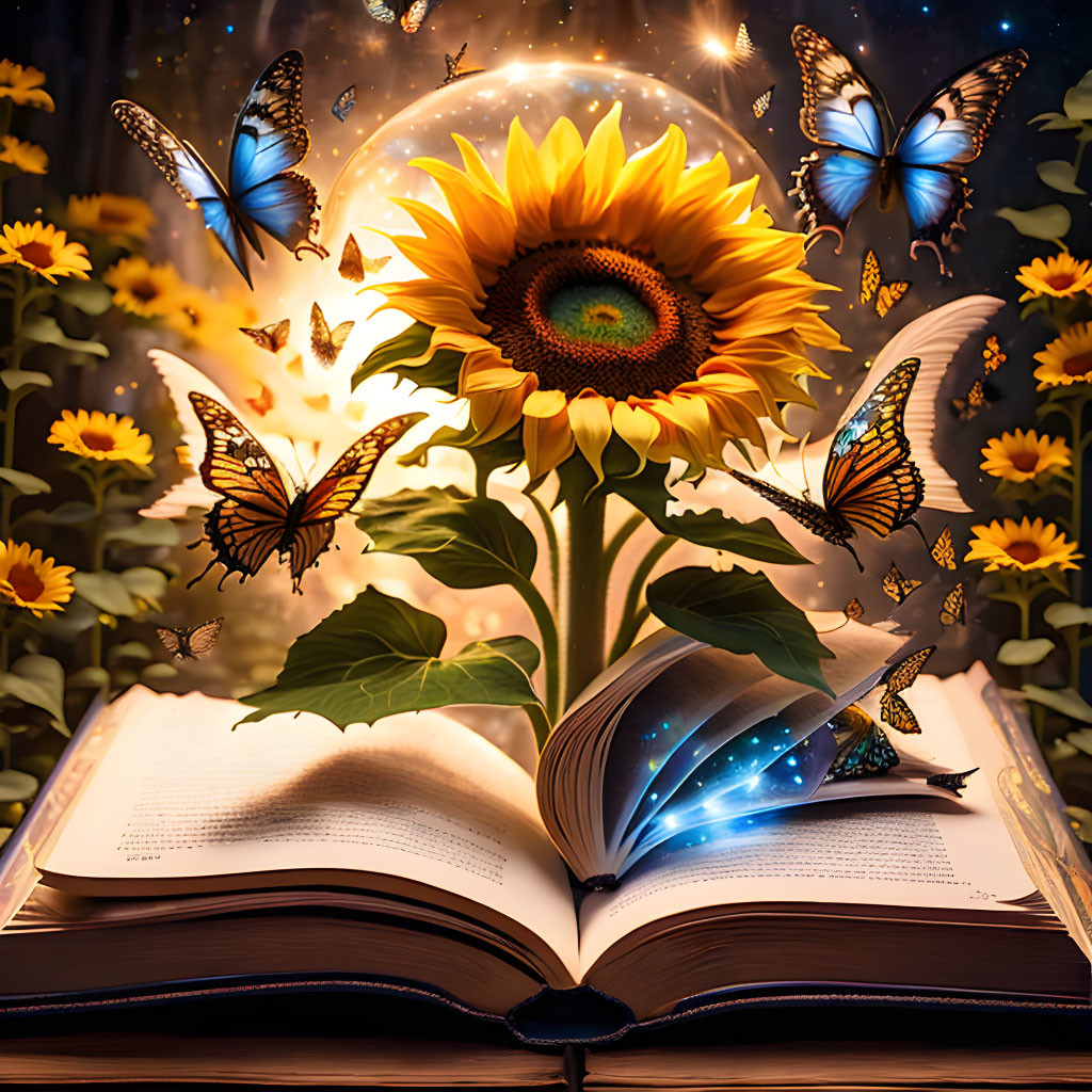 Sunflower and butterflies in enchanting book setting