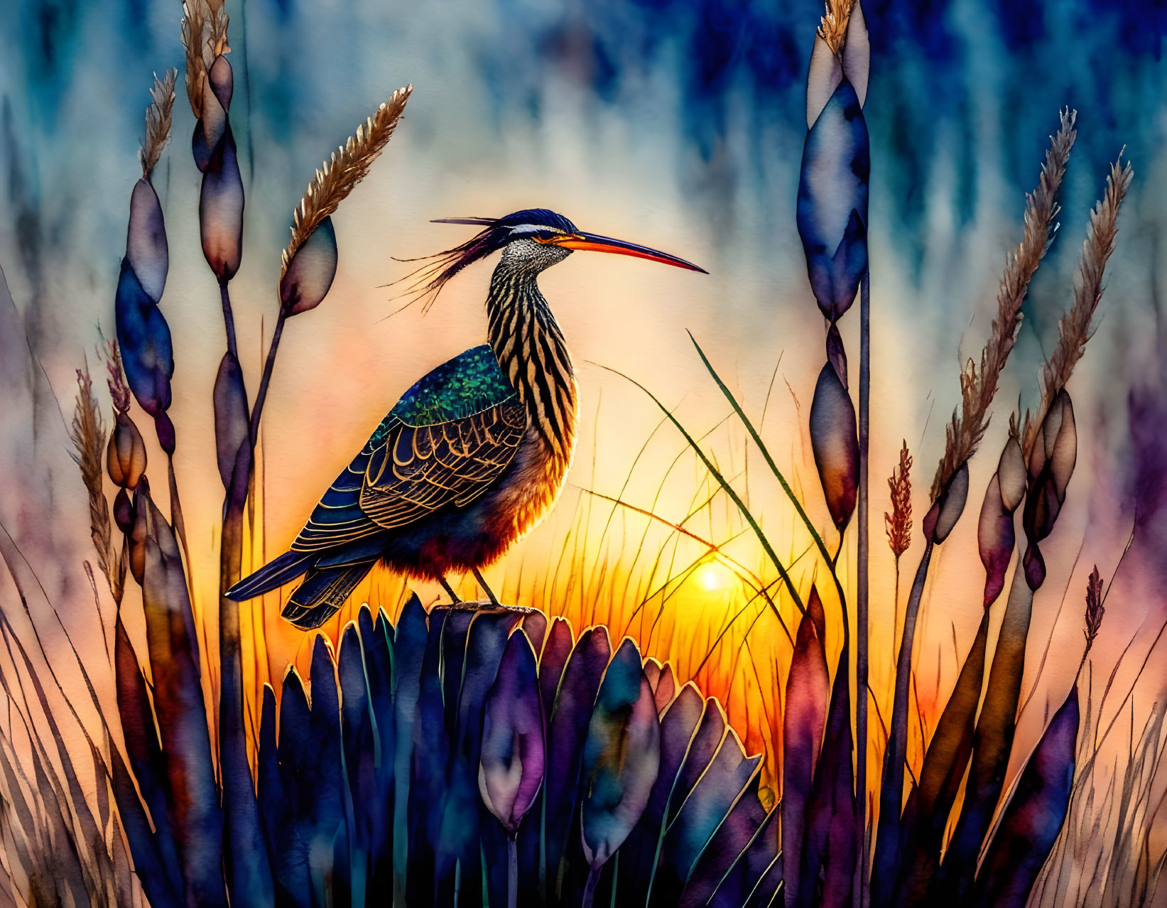 Vibrant bird illustration in wheat field at sunset