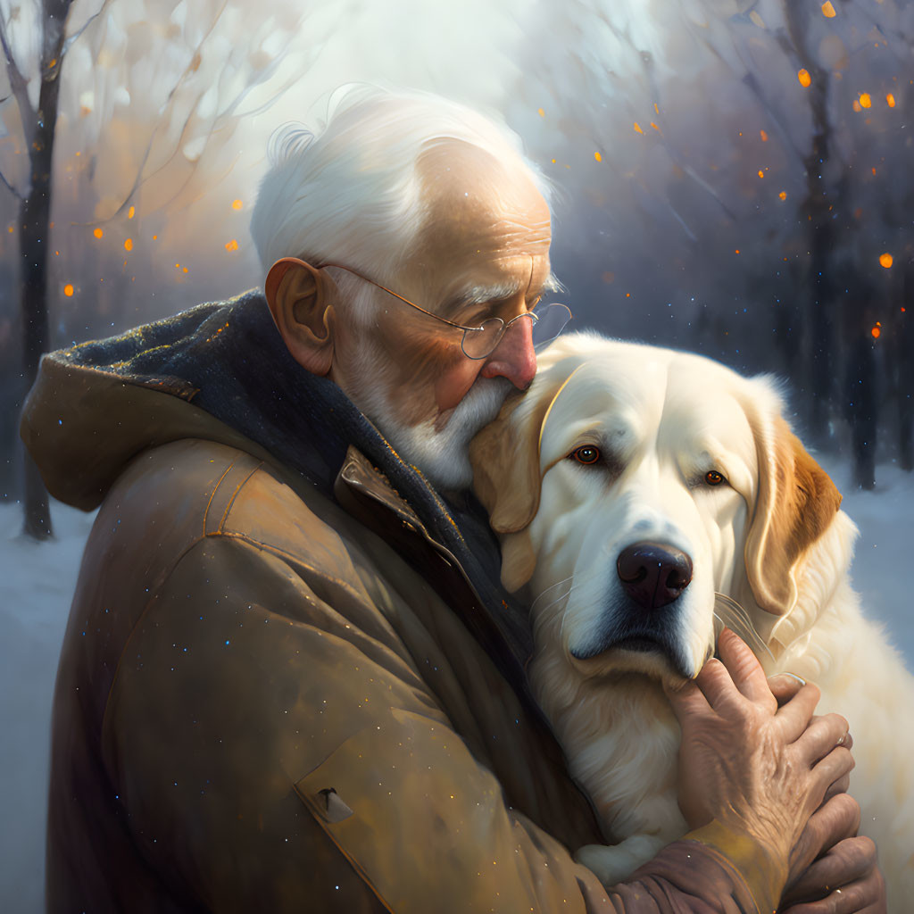 Elderly man cuddling large dog in serene wintry scene