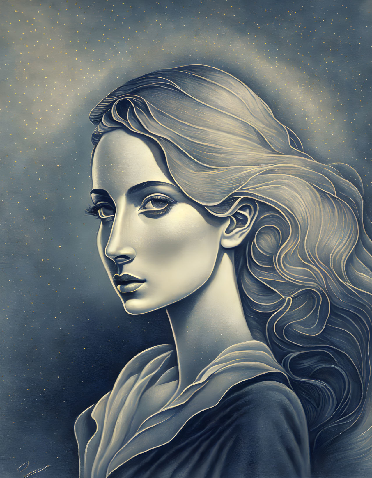 Monochromatic portrait of a woman with flowing hair on star-speckled blue background