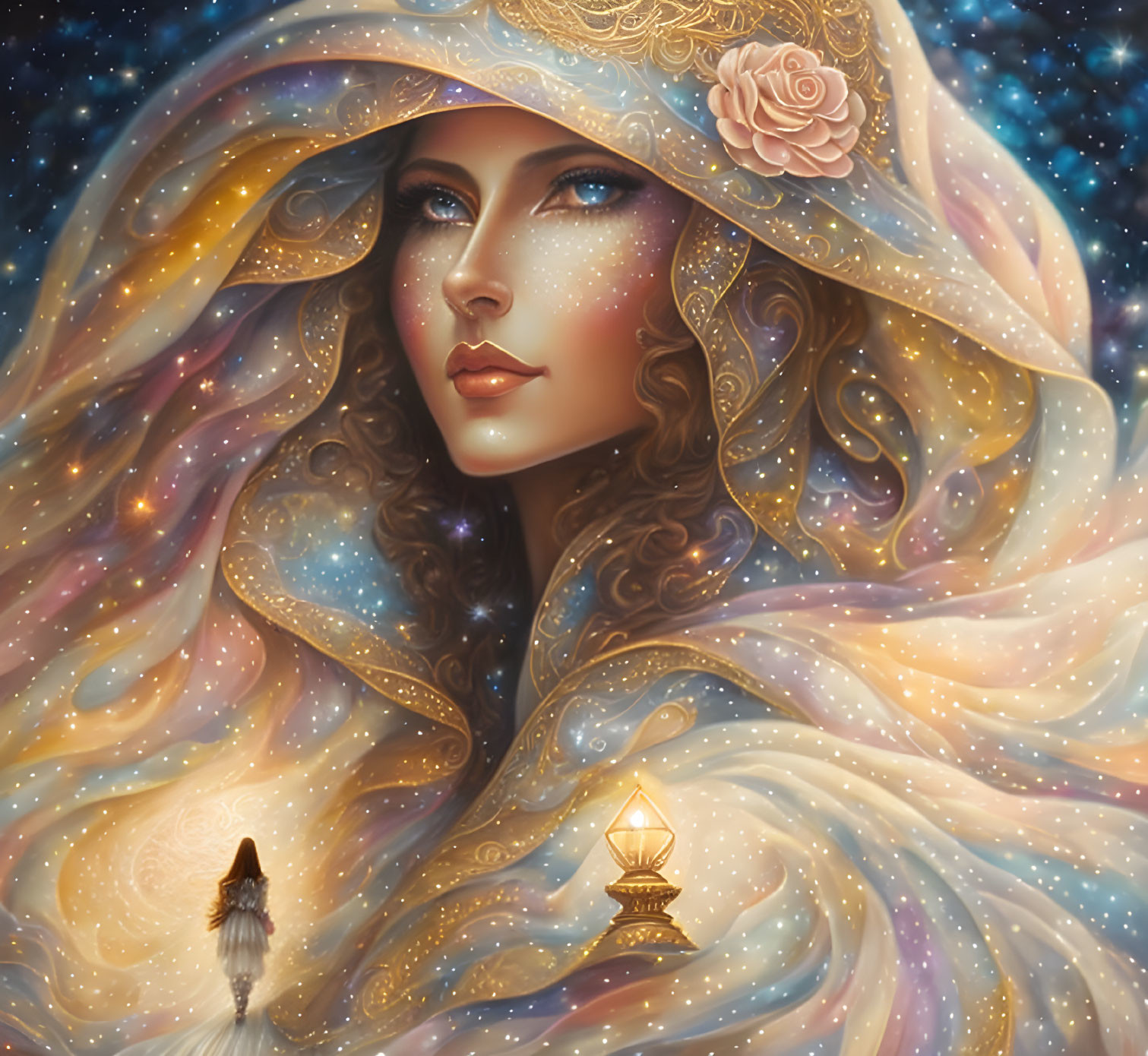 Mystical woman in celestial cloak with rose hood, stars, and lantern-bearing figure