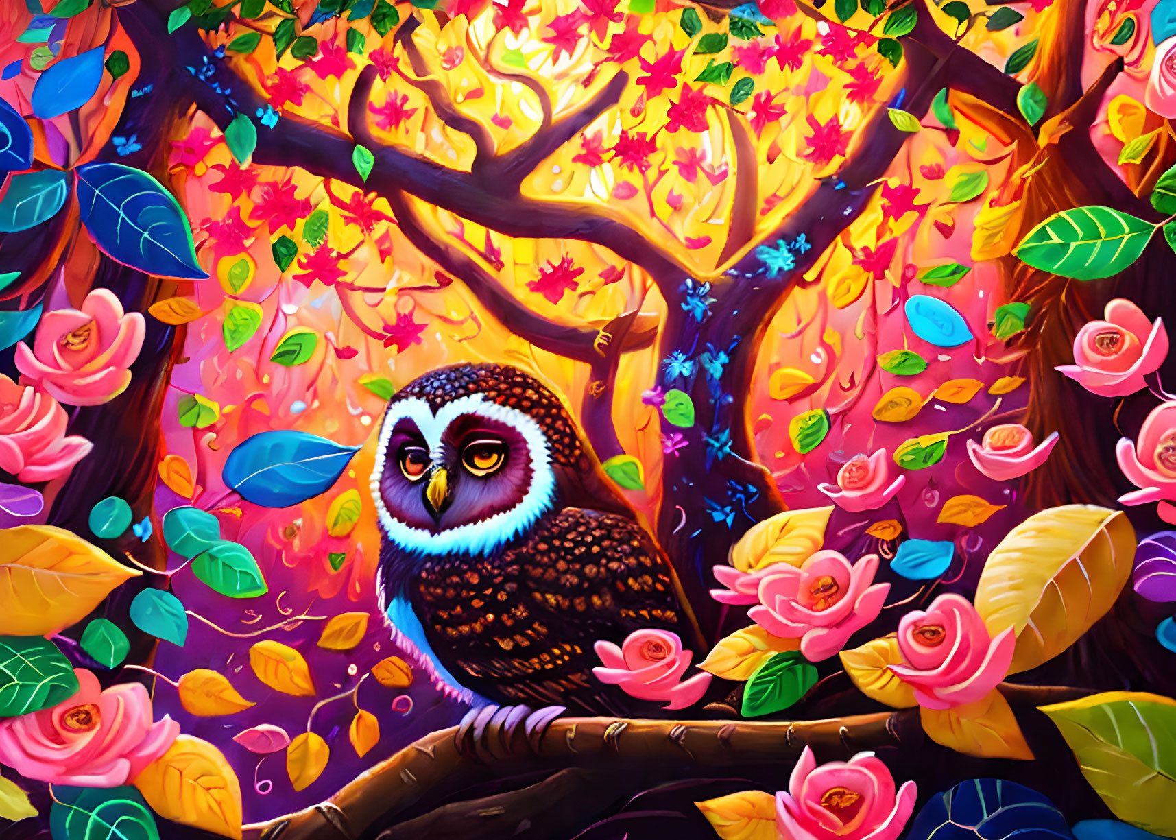 Wide-eyed owl perched among colorful foliage and roses in whimsical forest