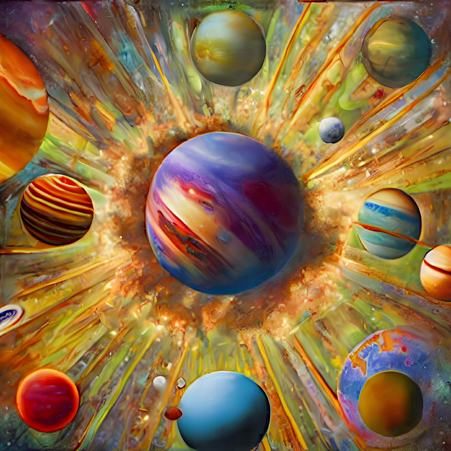 Colorful Cosmic Scene with Varied Planets and Explosive Hues