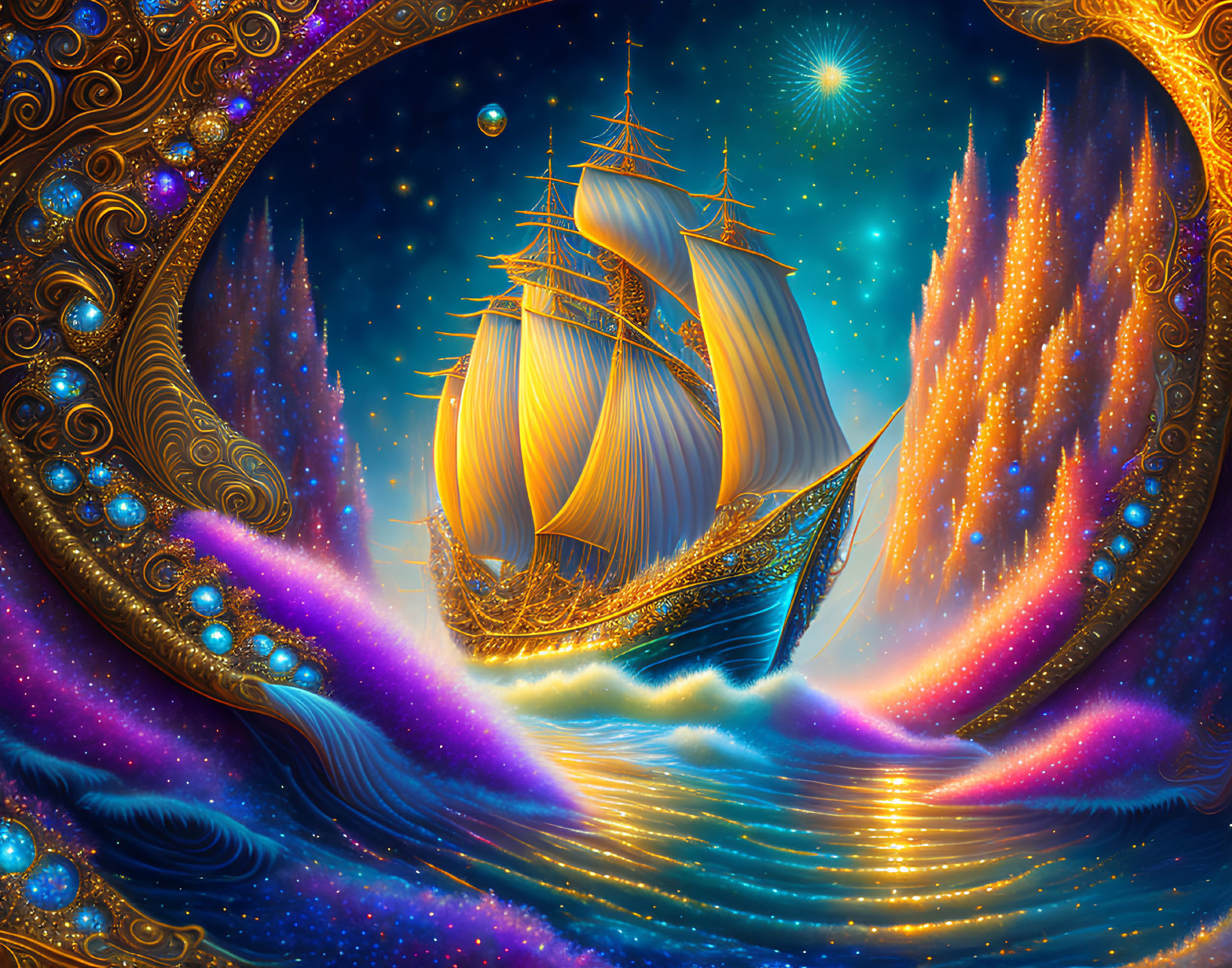 Golden ship sailing through cosmic sea with crescent moon and jeweled sky.