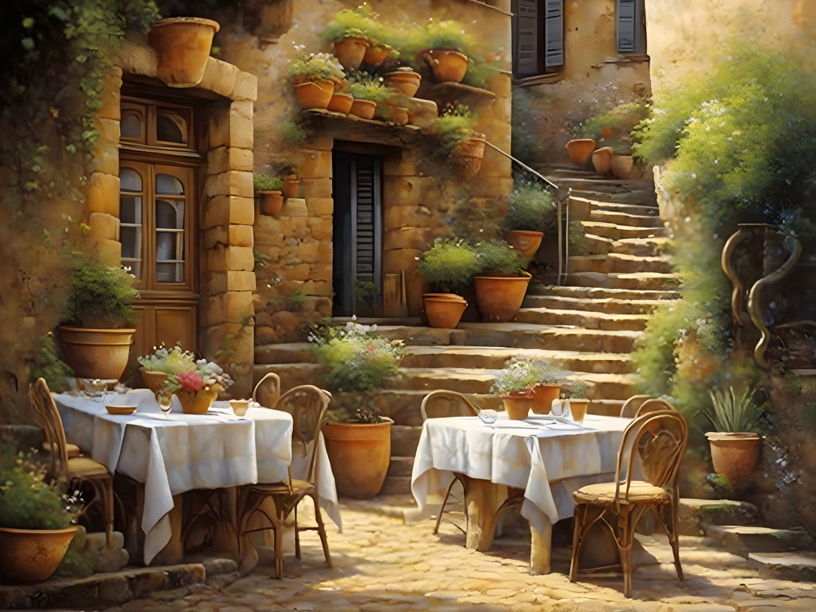 Charming outdoor cafe in sunny stone courtyard