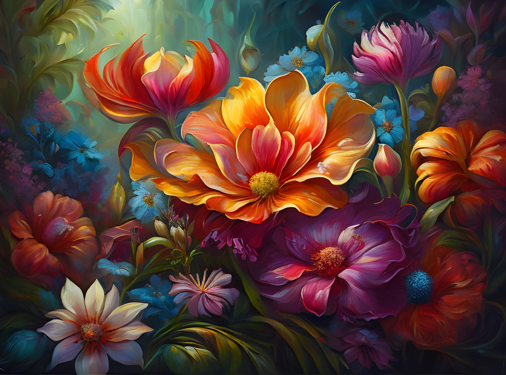 Assorted colorful flowers in mystical digital painting