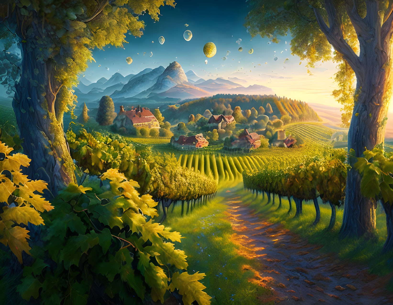 Vibrant vineyards and distant mountains in serene fantasy landscape