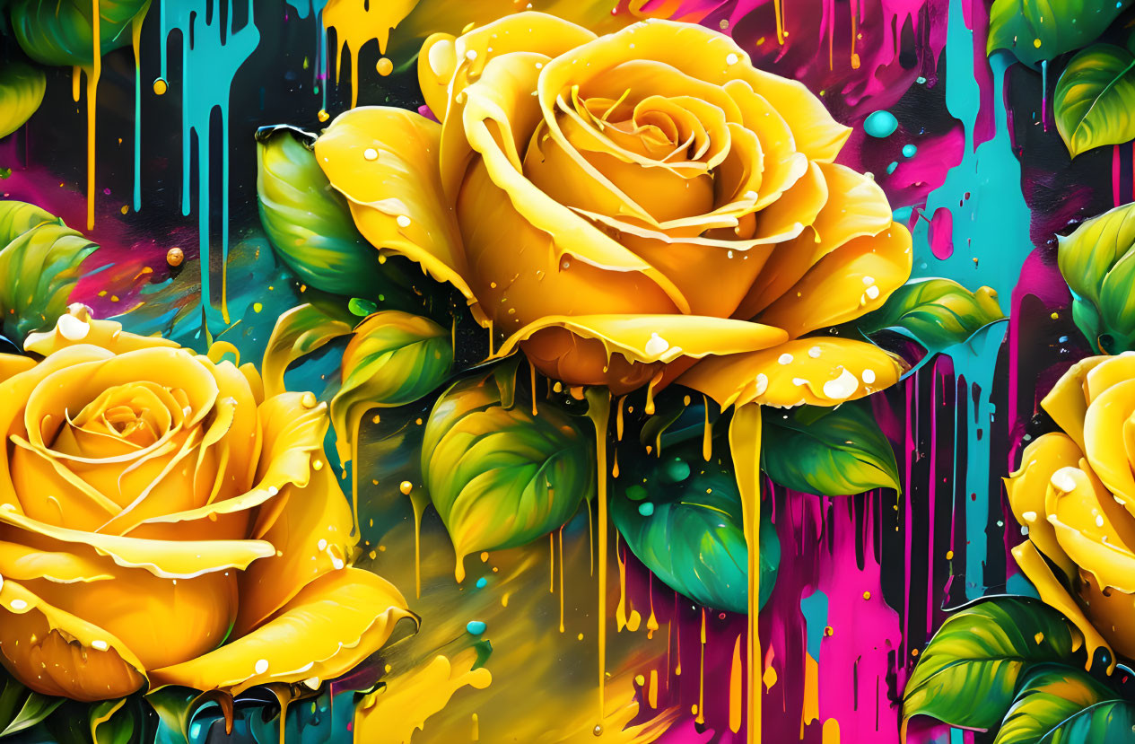 Colorful artwork: Yellow roses, paint drips, green leaves, pink hues