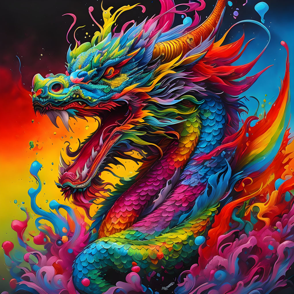 Colorful Serpentine Dragon Artwork Against Fiery Background