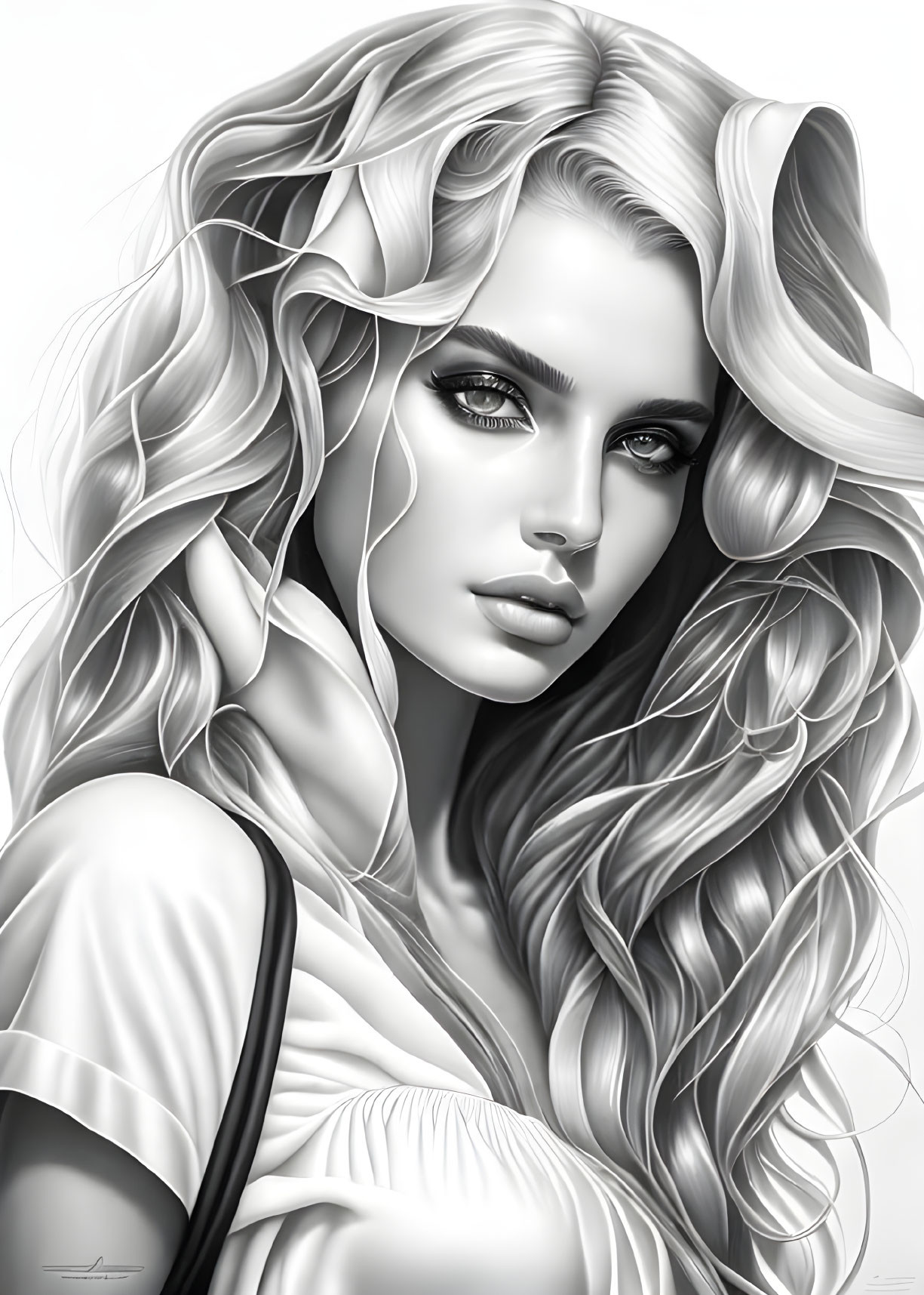 Monochrome illustration of woman with curly hair and off-the-shoulder top