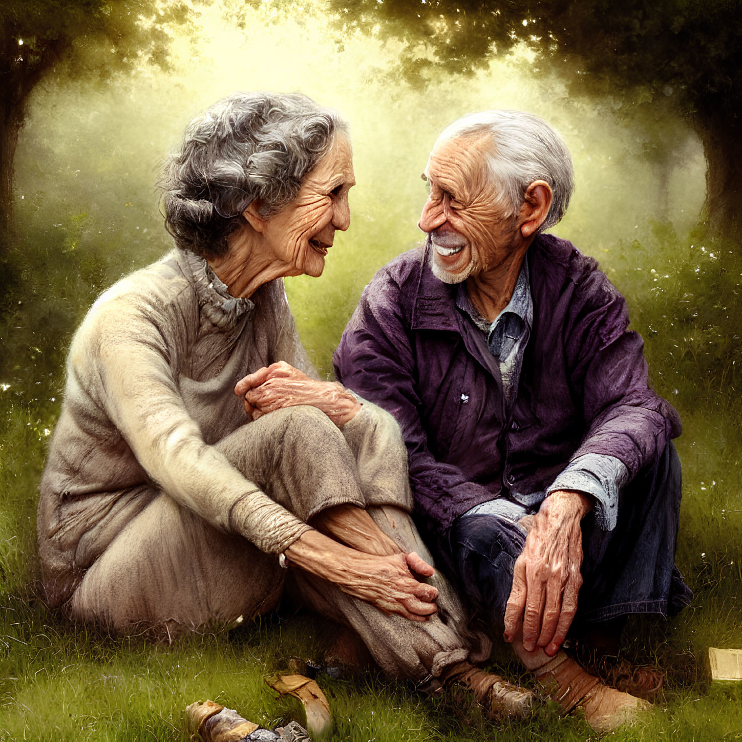 Elderly couple smiling together in sunny outdoor setting