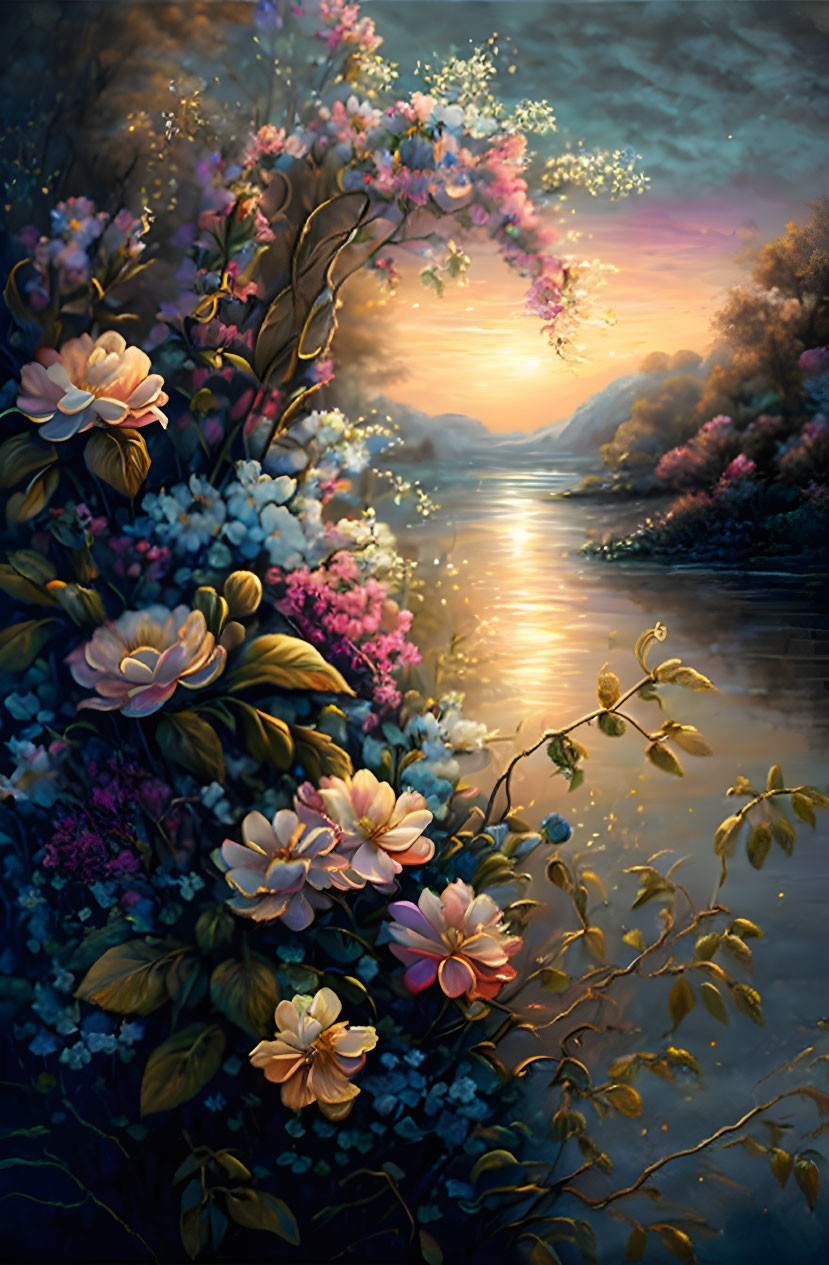 Colorful floral arrangement by calm river at sunset