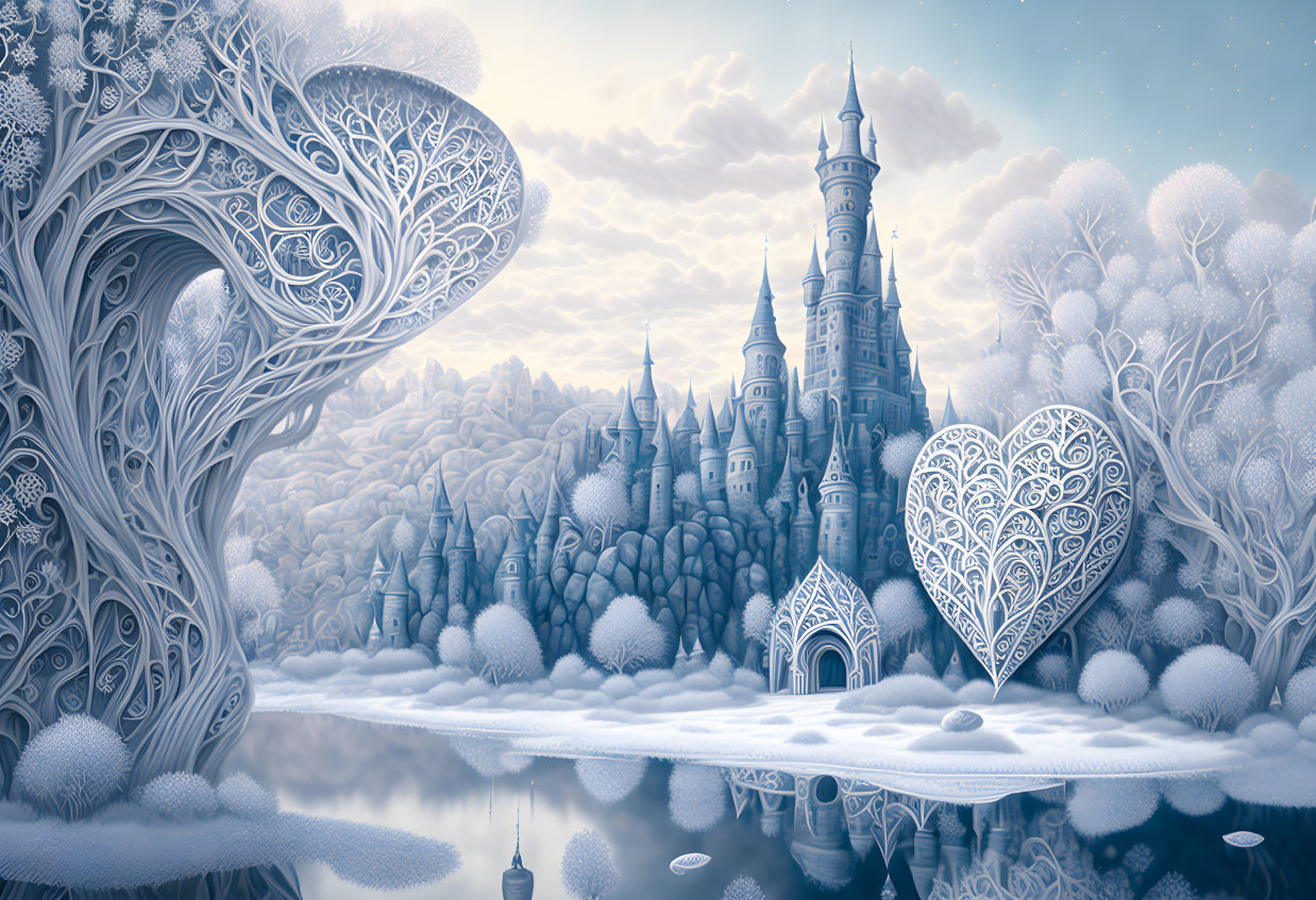 Fantasy winter landscape with castle, heart sculpture, patterned trees, and serene lake