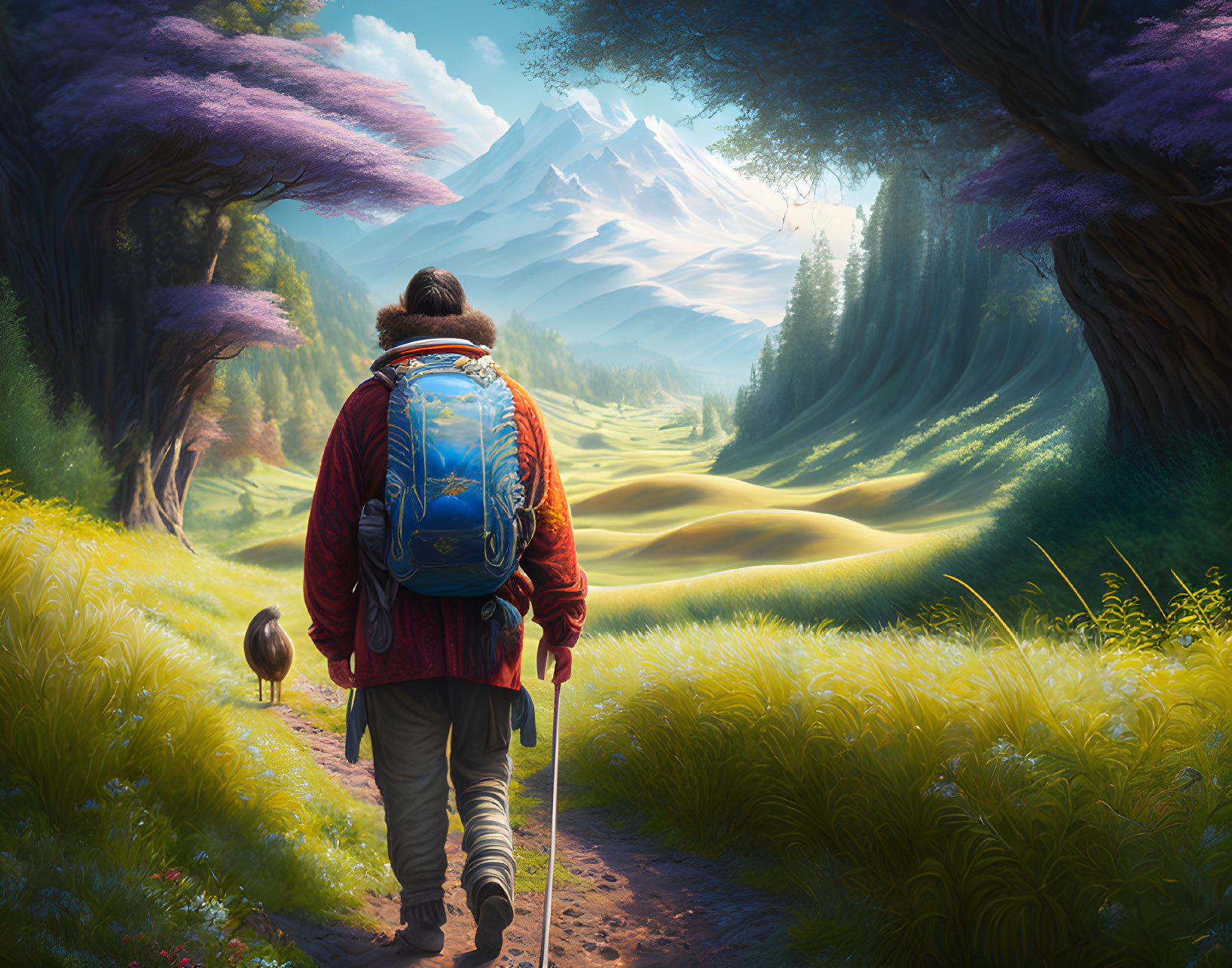 Traveler with blue backpack and walking stick on path through lush greenery to snow-capped mountains