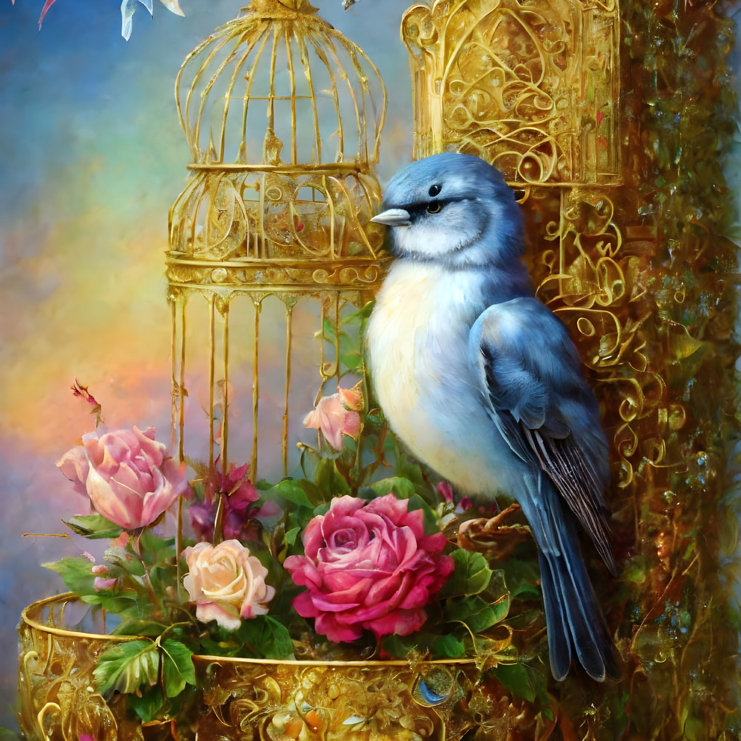 Colorful painting of blue jay on golden birdcage with pink roses in dreamy setting