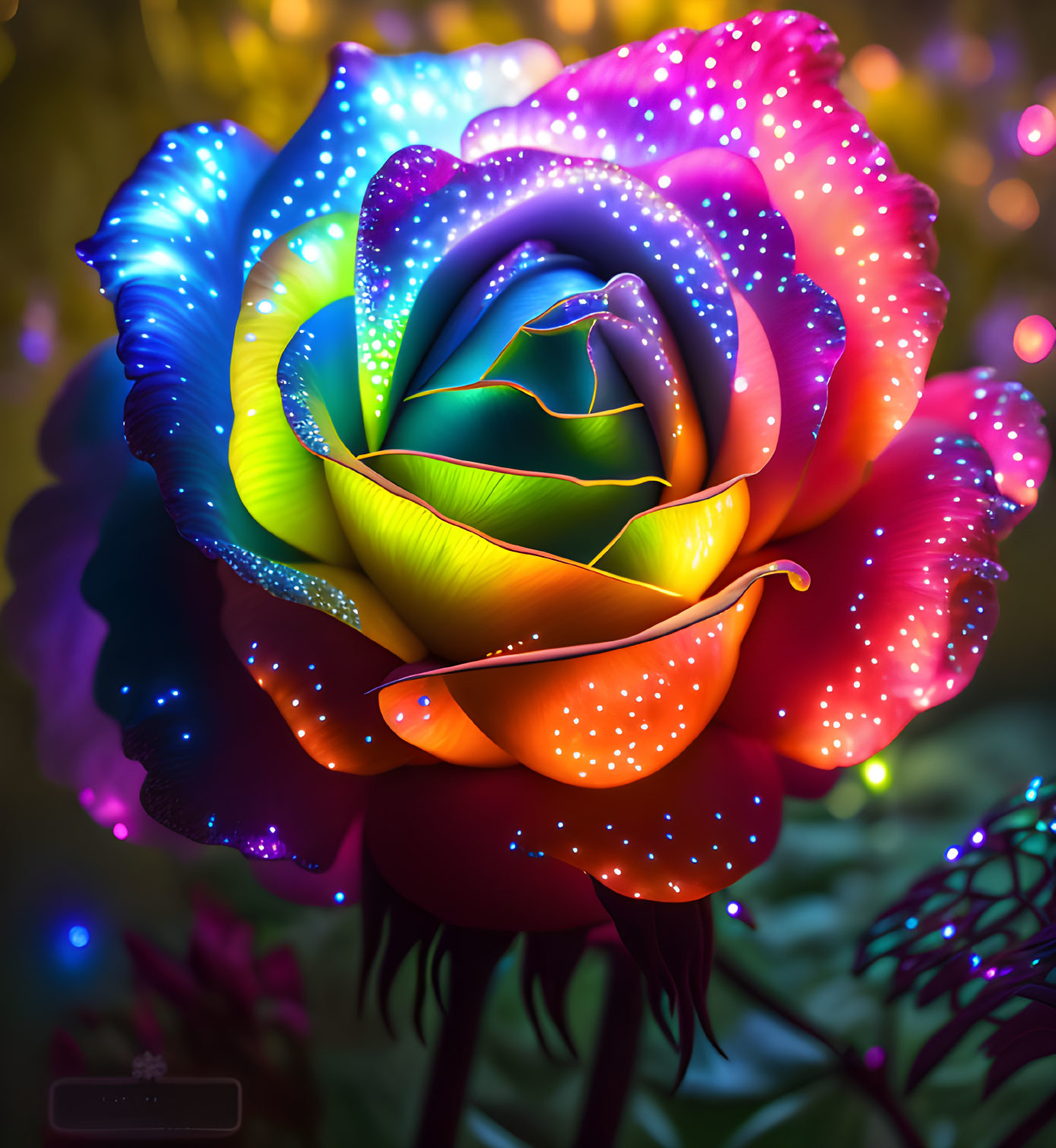 Colorful Neon Edged Rose on Bokeh Light Background