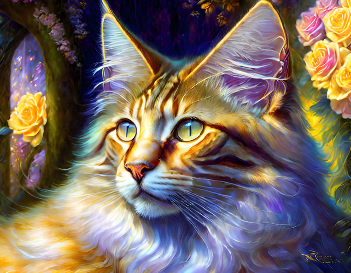 Fluffy Tabby Cat in Fantasy Landscape with Yellow Eyes