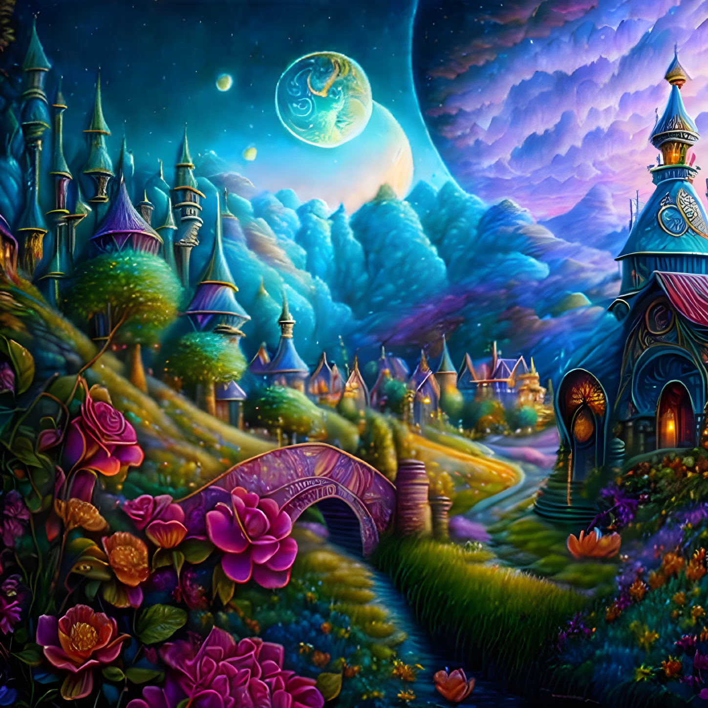 Colorful fantasy landscape with luminous buildings, moonlit sky, stone bridge
