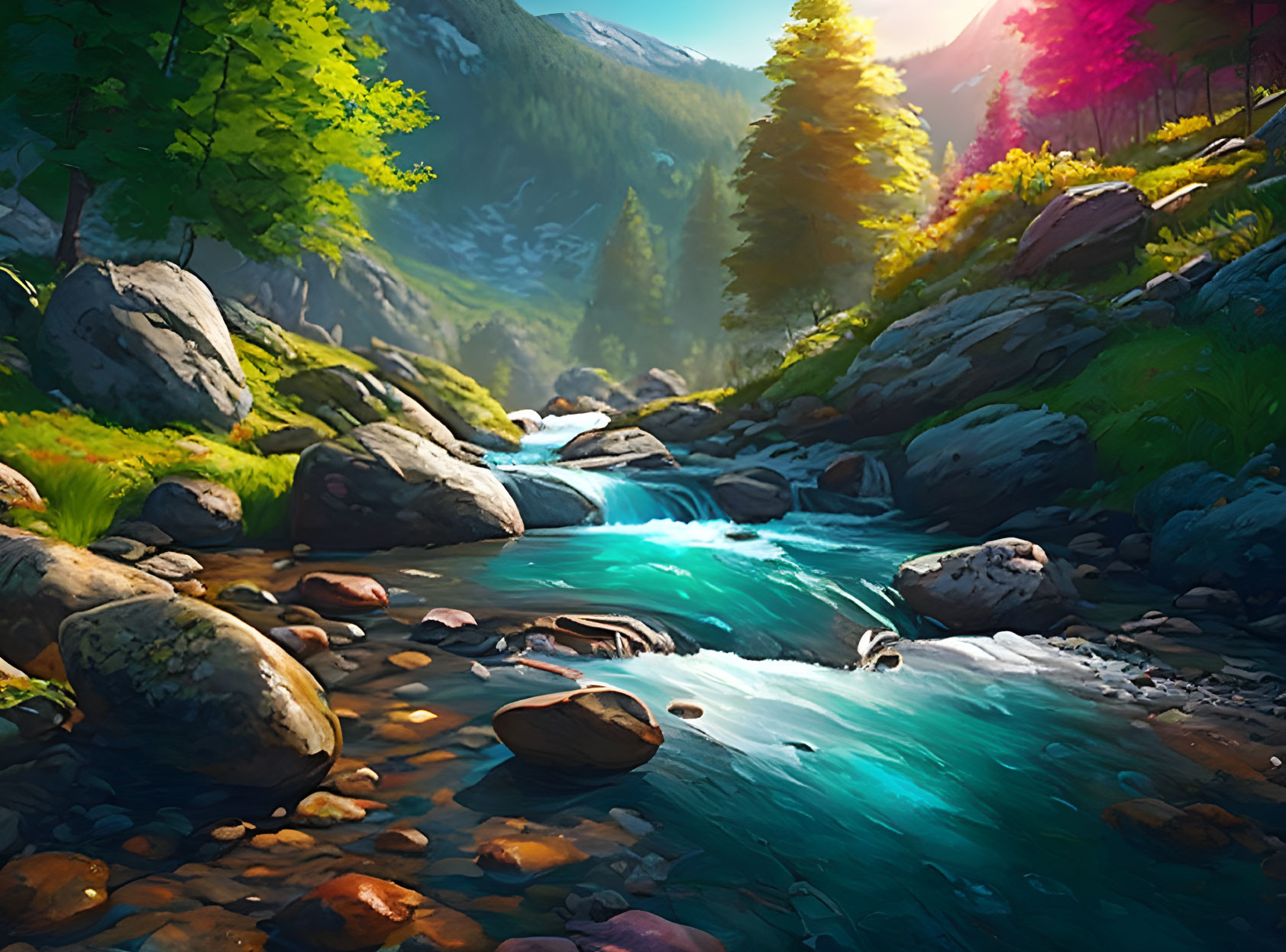 Colorful landscape with blue mountain stream and lush greenery