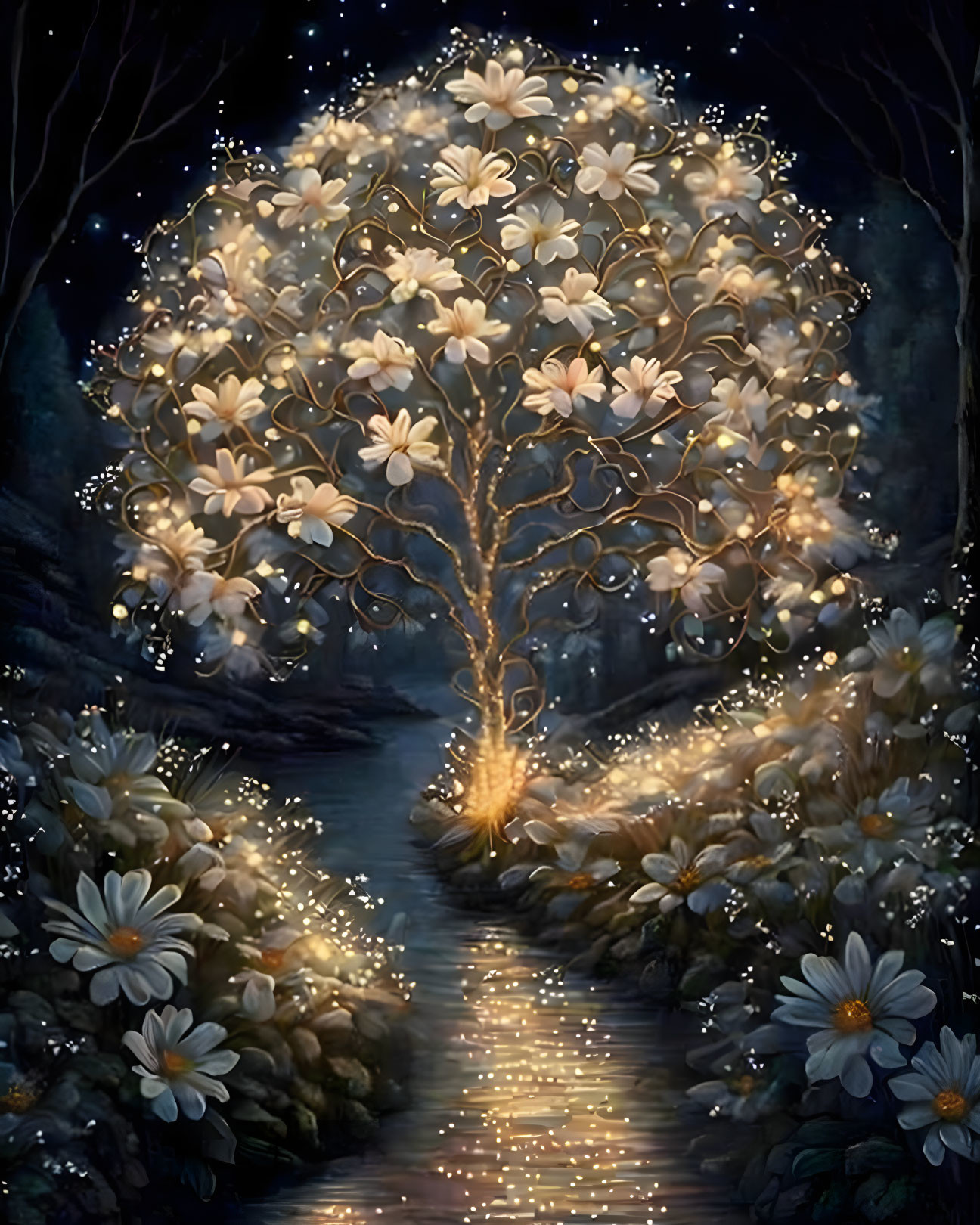 Enchanted tree with glowing flowers in dark forest by reflective stream