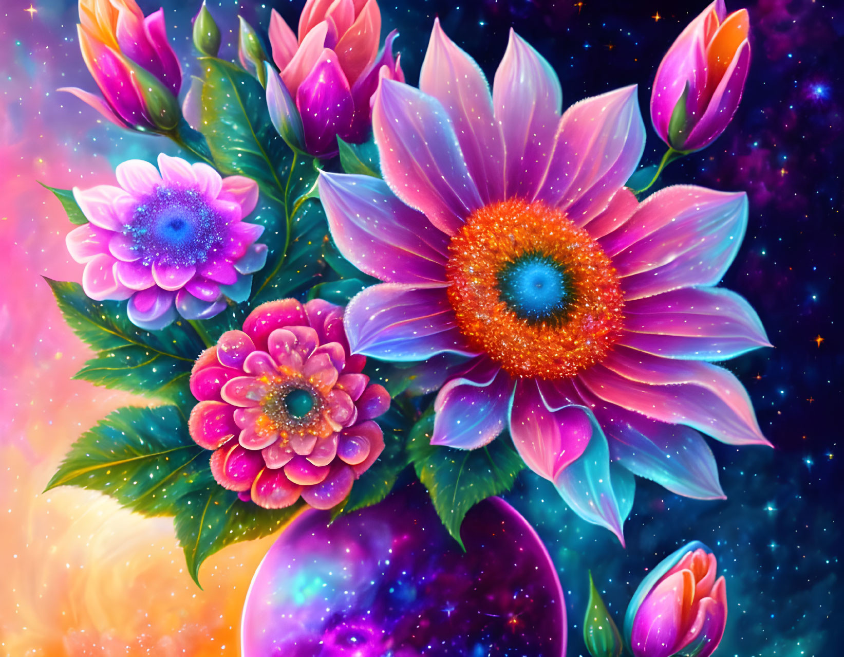 Cosmic flowers in vibrant pink and purple hues on starry galaxy background